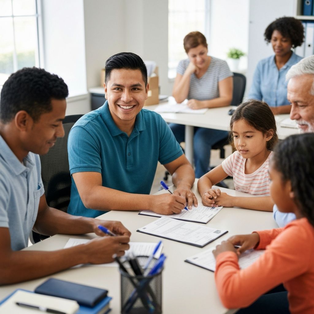 Food bank staff helping a family with SNAP benefits application